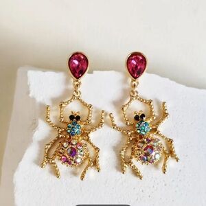 18k Plated Dangle Spider Earrings w/ Pink and Blue Accents (Halloween)